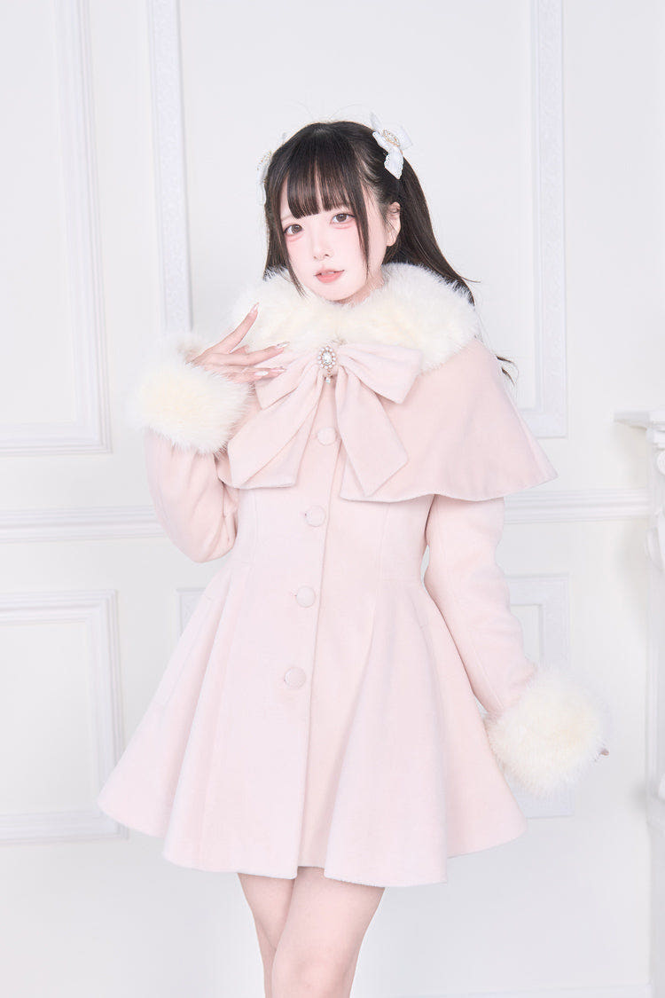 Pink Plush Collar Long Sleeves Bowknot Japanese Sweet Lolita Coat - Pink - 1
