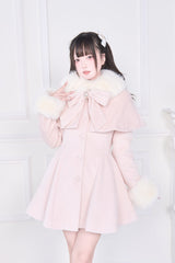 Pink Plush Collar Long Sleeves Bowknot Japanese Sweet Lolita Coat - Pink - 1