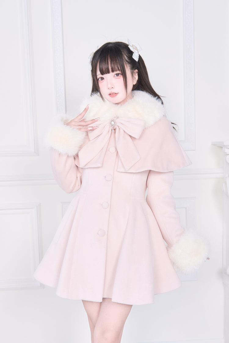 Pink Plush Collar Long Sleeves Bowknot Japanese Sweet Lolita Coat - Pink - 1