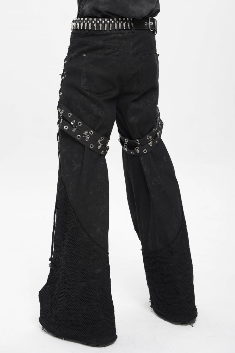 Black Spliced Lace-Up Mesh Ripped Men's Punk Baggy Pants - Product - 4