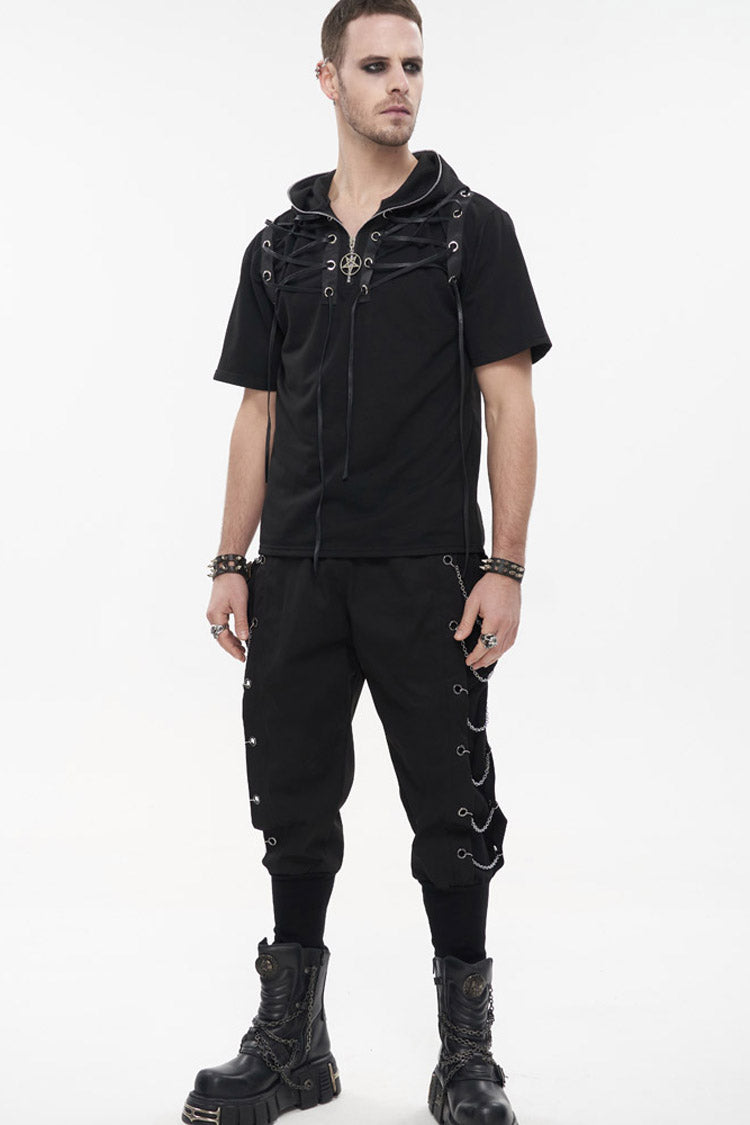 Black Punk Short Sleeve Metal Zipper Lace-Up Knit Loose Casual Hooded Men's T-Shirt - Product - 5