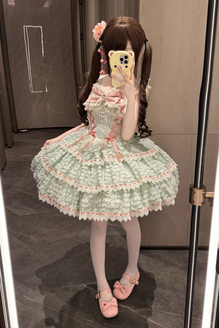 Green [Song of Floral Letters] Sleeveless Triple-Layered Bowknot Lace-Up Sweet Lolita Jsk Dress - Product - 3