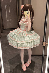 Green [Song of Floral Letters] Sleeveless Triple-Layered Bowknot Lace-Up Sweet Lolita Jsk Dress - Product - 3
