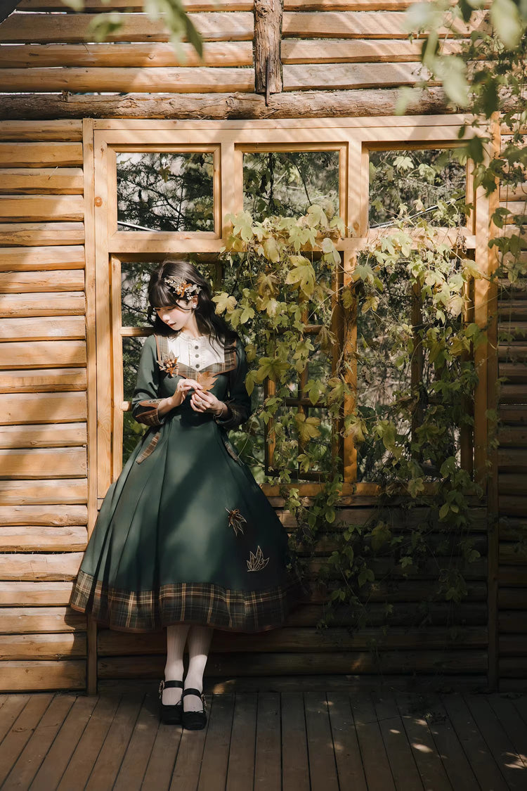 Green [Autumn Chronicles] Round Collar Long Sleeves Printed Embroidered Spliced Slim Sweet Lolita Dress - Product - 7