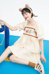 Beige Vintage Square Collar Ruffled Short Sleeves Cartoon Bear Print High Waisted Sweet Lolita Dress - Product - 5