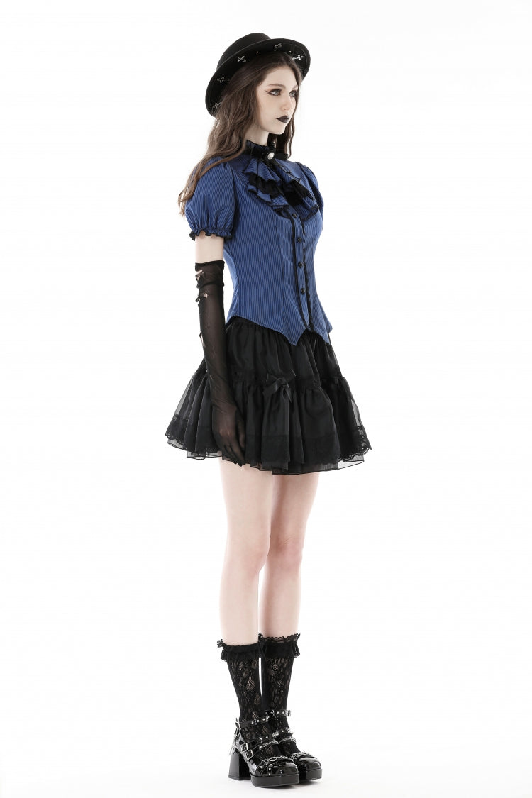 Blue/Black Striped Bow Ruffled Stand Collar Lace Jabot Short Puff Sleeves Front Button‑Up Women's Gothic Blouse - Product - 10