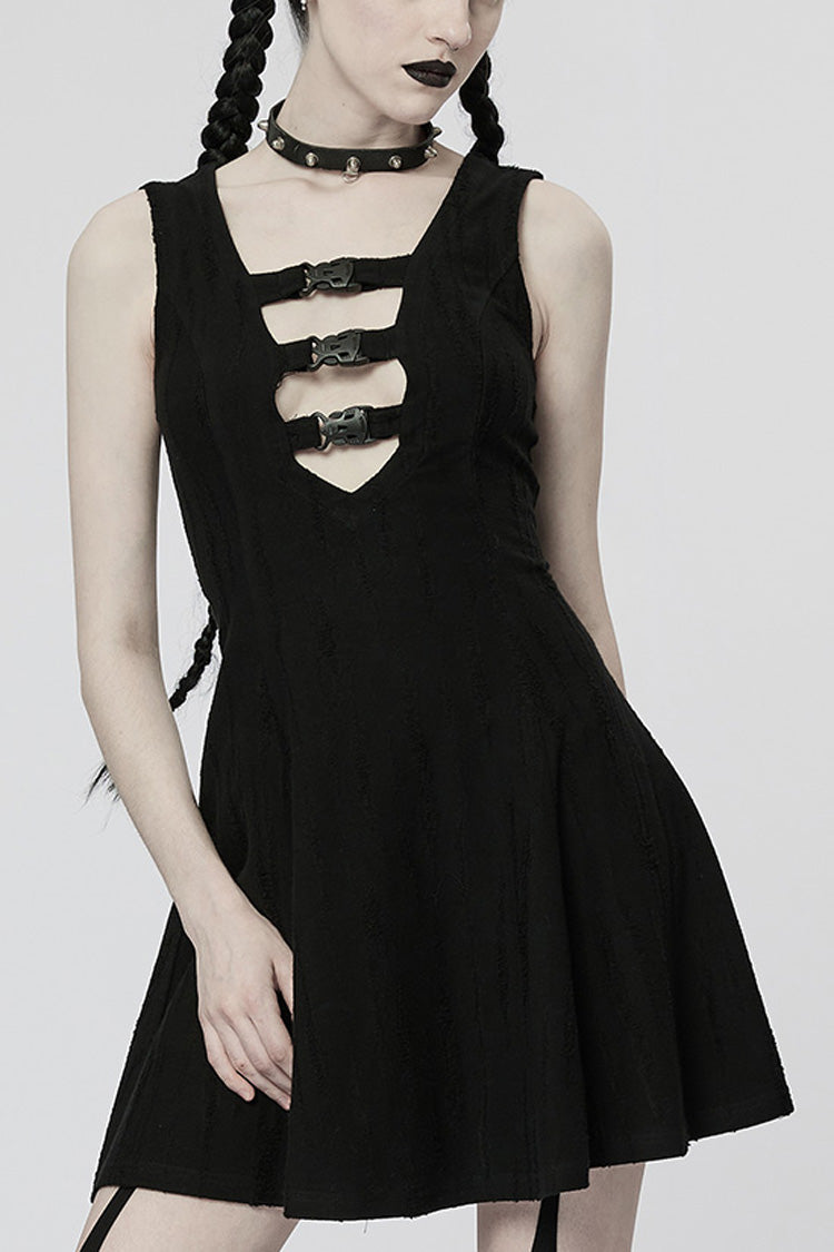 V Collar Sleeveless Buckle Women's Steampunk Dress 2 Color - Black - 1