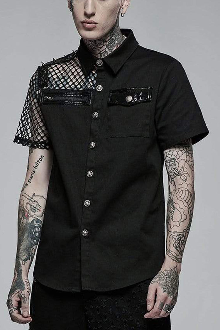 Black Punk Elastic Cotton Twill Fabric Spliced Diamond Mesh Asymmetrical Personality Short Sleeve Men's Shirt - Black - 1