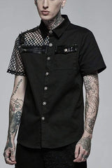 Black Punk Elastic Cotton Twill Fabric Spliced Diamond Mesh Asymmetrical Personality Short Sleeve Men's Shirt - Black - 1