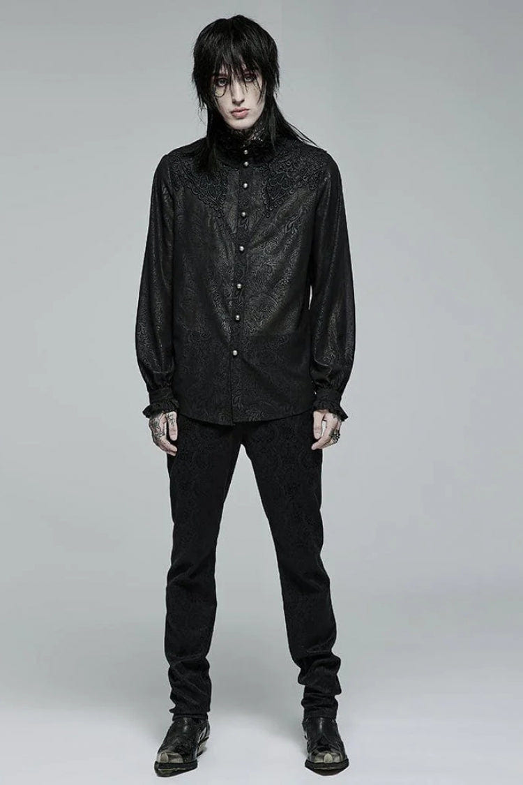 Black Stand Collar Ruffle Floral Embroidery Mens Gothic Blouse - Product - 4