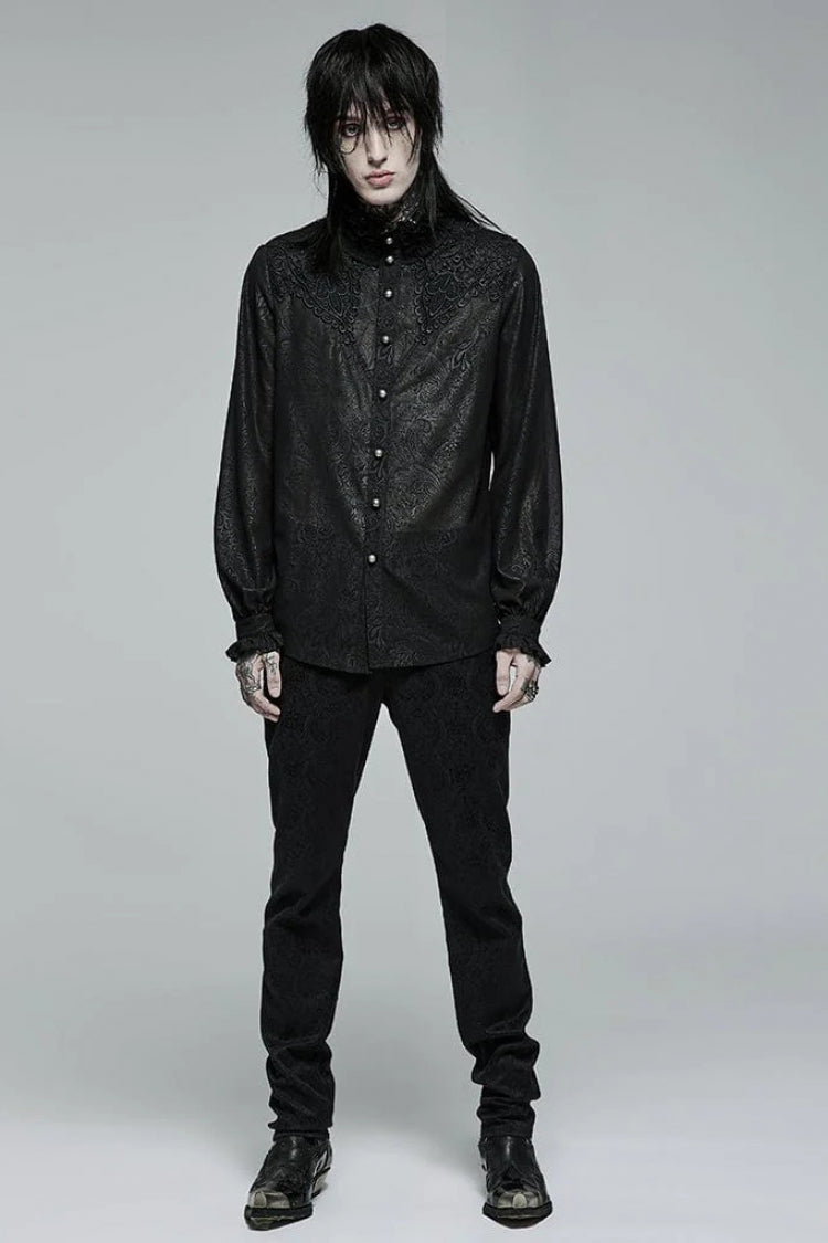 Black Stand Collar Ruffle Floral Embroidery Mens Gothic Blouse - Product - 4