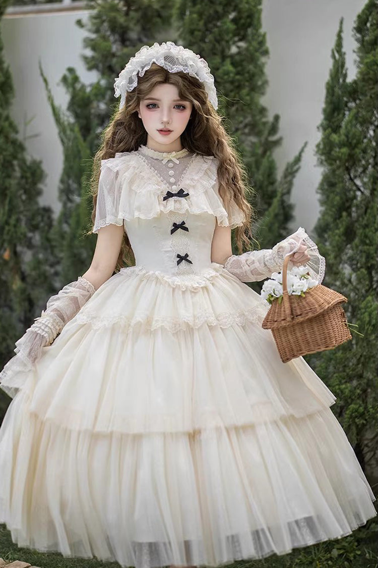 Ivory [The Oath of White Mist] Edwardian Collar Long Sleeves Multi-Layered Ruffled Bow Lace Fishbone Sweet Lolita Dress 2 Versions - Product - 18