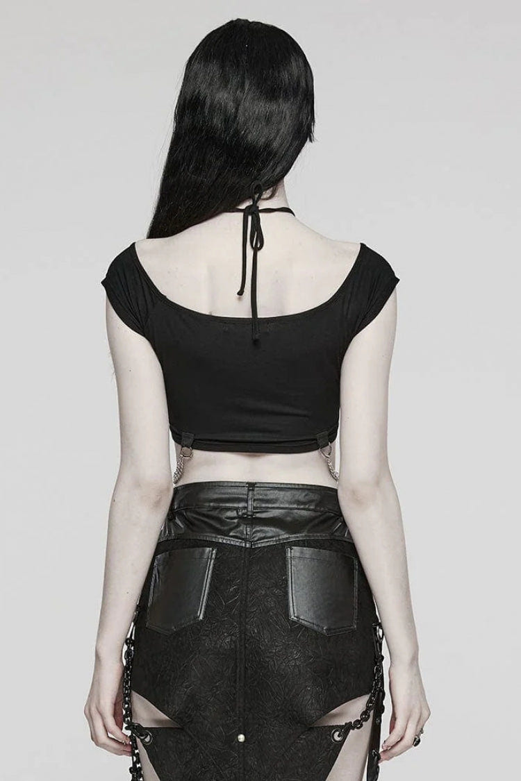 Black Short Sleeves Hollow Metal Chain Womens Steampunk Halterneck T-Shirt - Product - 3