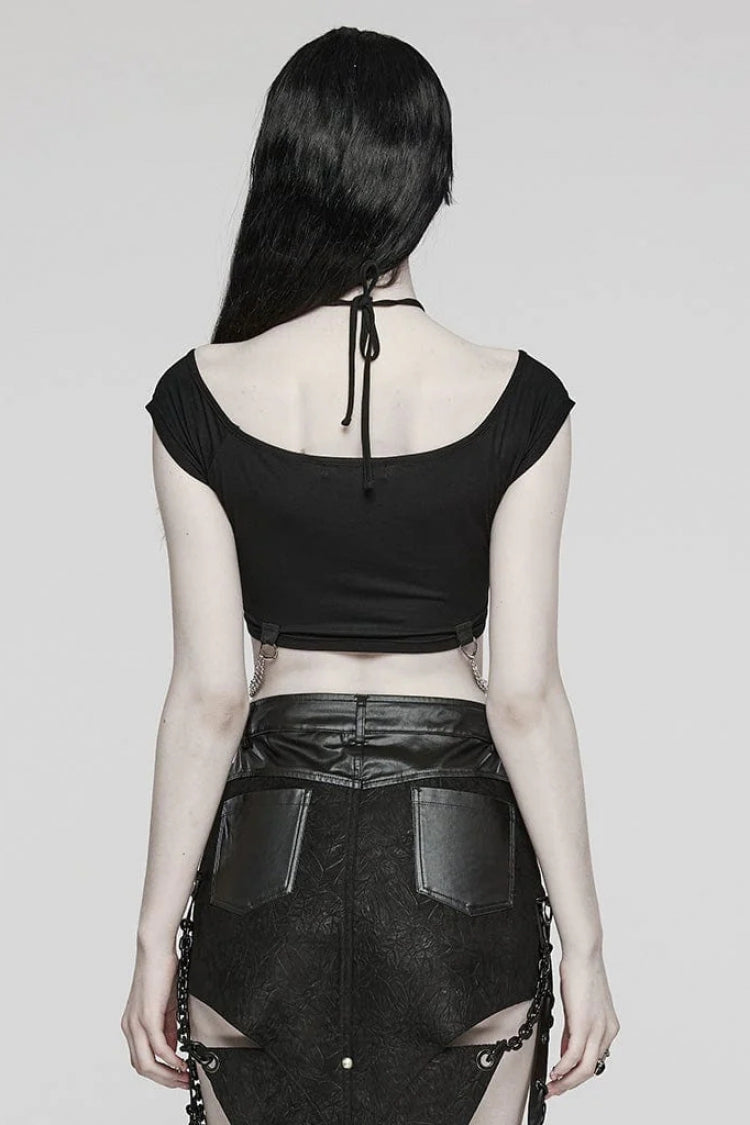 Black Short Sleeves Hollow Metal Chain Womens Steampunk Halterneck T-Shirt - Product - 3