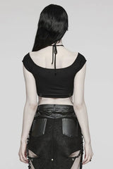 Black Short Sleeves Hollow Metal Chain Womens Steampunk Halterneck T-Shirt - Product - 3