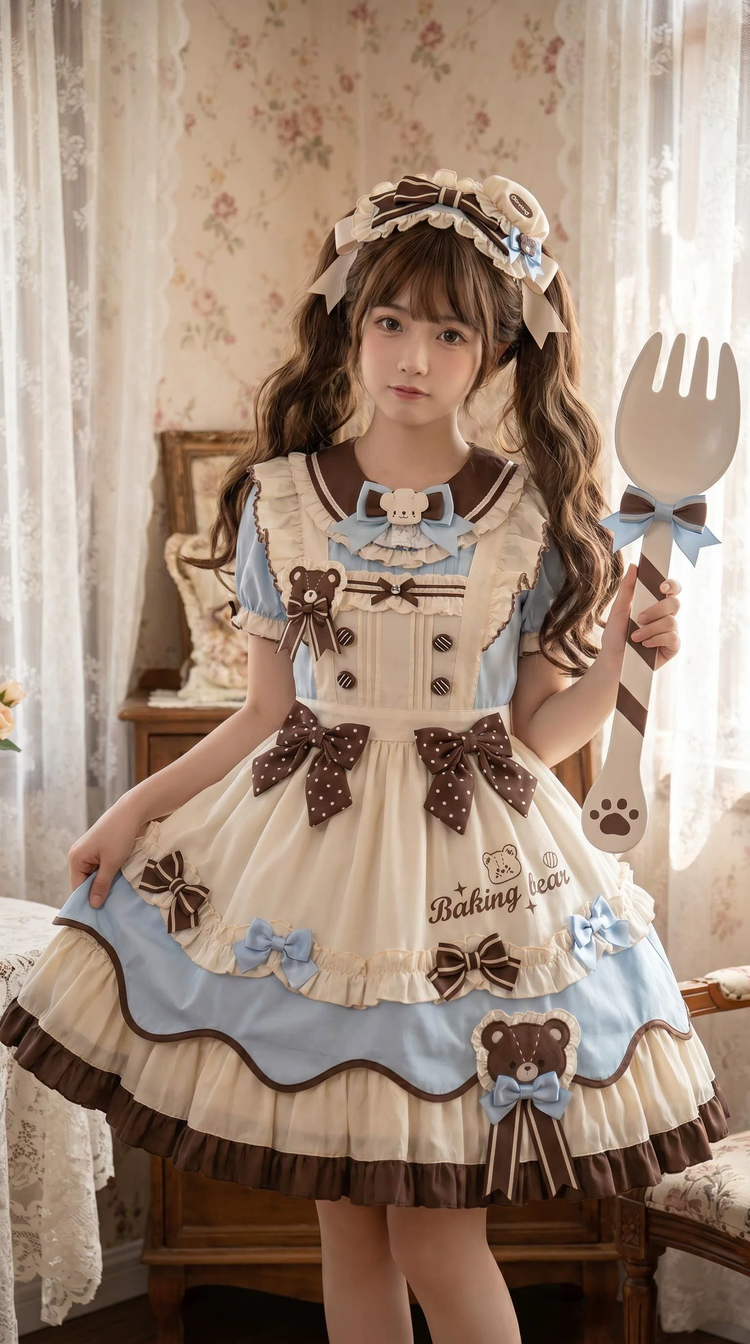 Blue and Brown Ruffled Bear Lolita Dress with Bow Accent - view 4