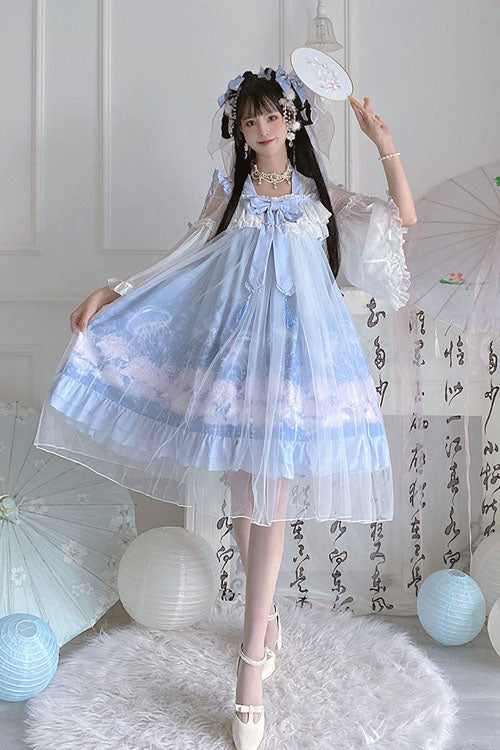 Blue Marine Jellyfish Print Bowknot Long Sleeves Ruffled Chinese Style Sweet Lolita Dress - Product - 8