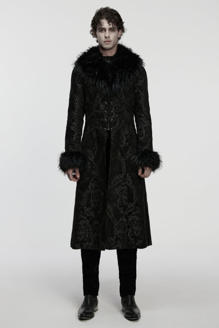 Black Fuax Fur Collar Long Sleeves Jacquard Zipper Men's Gothic Coat - Black - 1