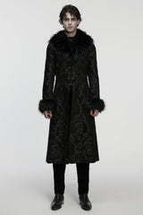Black Fuax Fur Collar Long Sleeves Jacquard Zipper Men's Gothic Coat - Black - 1