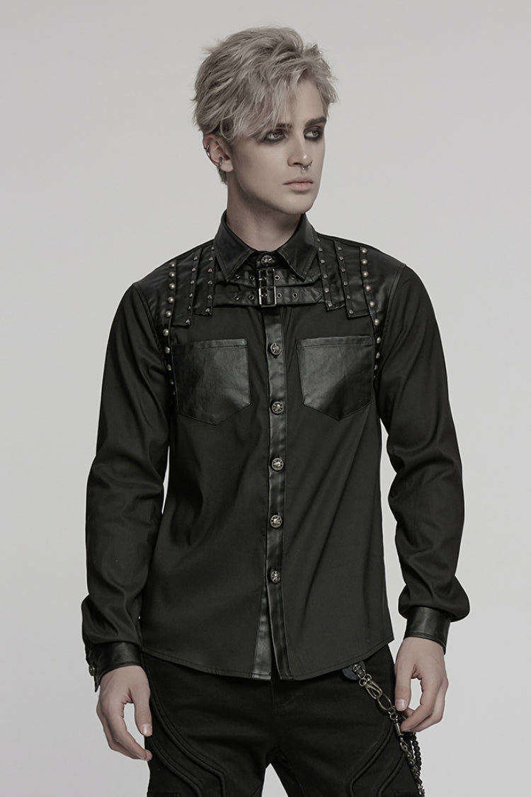 Black Lapel Collar Long Sleeves Faux Leather Stitching Buckle Men's Punk Blouse - Black - 1