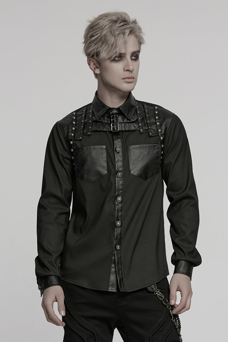 Black Lapel Collar Long Sleeves Faux Leather Stitching Buckle Men's Punk Blouse - Black - 1