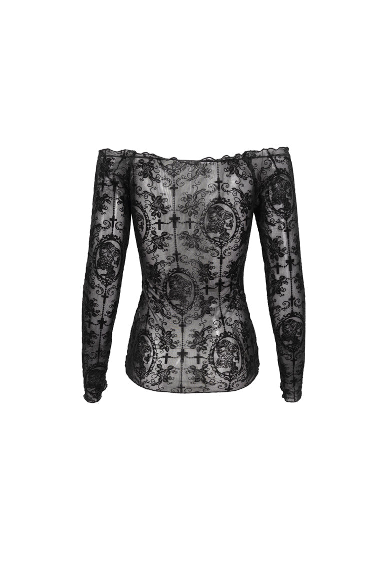 Black Flocked Chest Ruched Adjustable Off-Shoulder Women's Punk T-Shirt - Product - 9