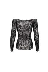 Black Flocked Chest Ruched Adjustable Off-Shoulder Women's Punk T-Shirt - Product - 9