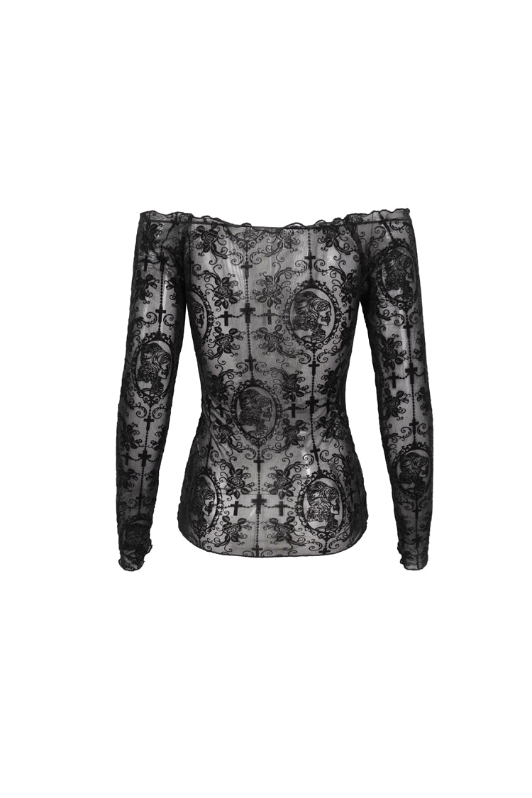 Black Flocked Chest Ruched Adjustable Off-Shoulder Women's Punk T-Shirt - Product - 9