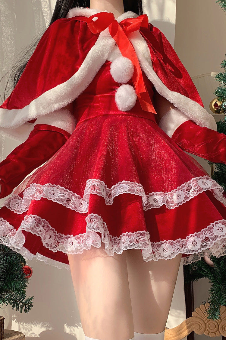 Red [Christmas and New Year] Double-Layered Ruffle Bowknot Lace Sweet Japanese Lolita Strapless Dress - Product - 8
