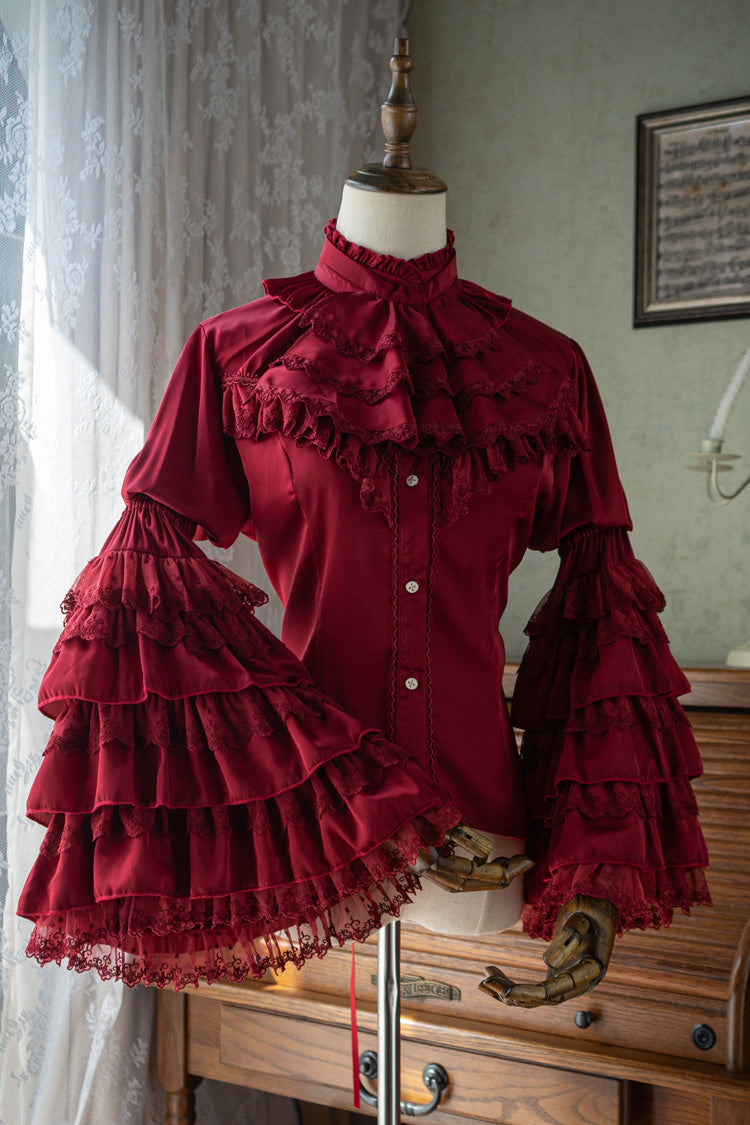 Gothic Long Hime Sleeves Ruffle Lace Lolita Blouse 2 Colors - Red - 1