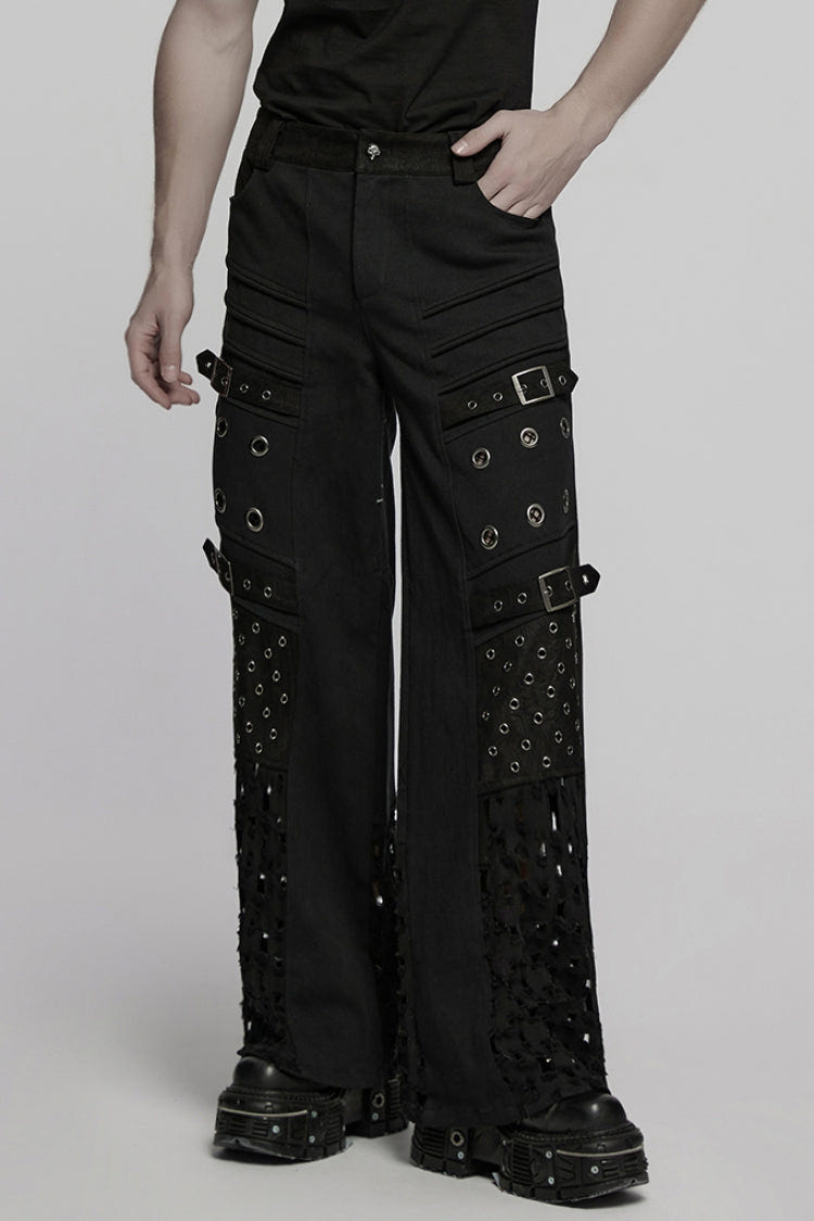 Black Eyelet Ripped Men's Punk Straight Pants - Black - 1