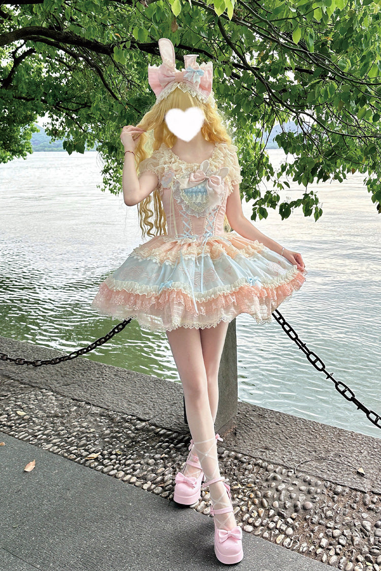 Blue/Pink [Sweetheart Bunny] Square Collar Flutter Sleeves Multi-Layered Jacquard Ruffled Embroidered Bow Lace Sweet Lolita Jsk Dress - Product - 10
