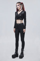 Black Shiny Vertical Grain Texture Tied Rope Decoration Hooded Short Women's Punk T-Shirt - Product - 4