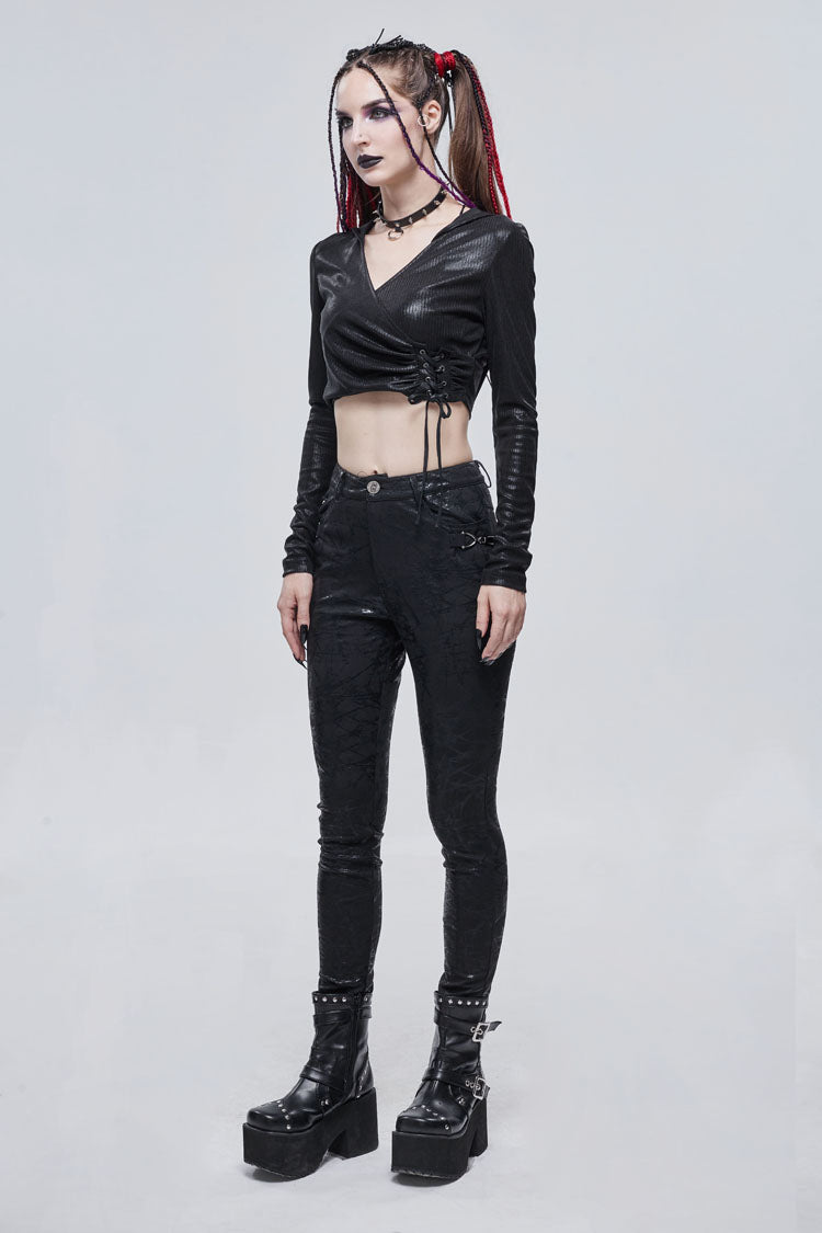 Black Shiny Vertical Grain Texture Tied Rope Decoration Hooded Short Women's Punk T-Shirt - Product - 4
