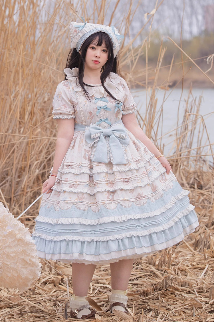 Blue/Apricot [Harvest Bear] Print Short Sleeves Multi-Layered Ruffle Bowknot Sweet Plus Size Lolita Dress 2 Versions - Blue/Apricot - 1