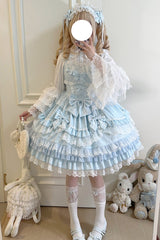 Blue Multi-Layered Ruffle Bowknot Stitching Lace Sweet Lolita Jsk Dress - Product - 2