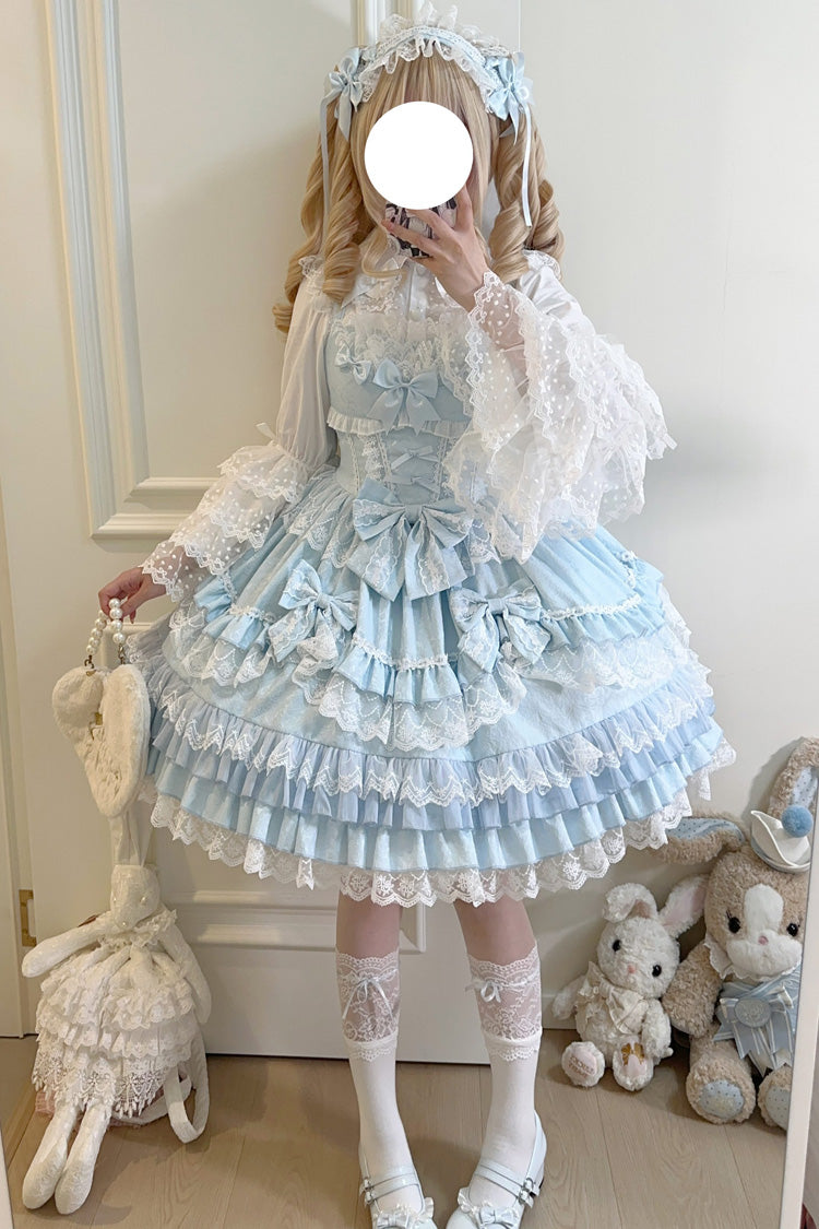 Blue Multi-Layered Ruffle Bowknot Stitching Lace Sweet Lolita Jsk Dress - Product - 2