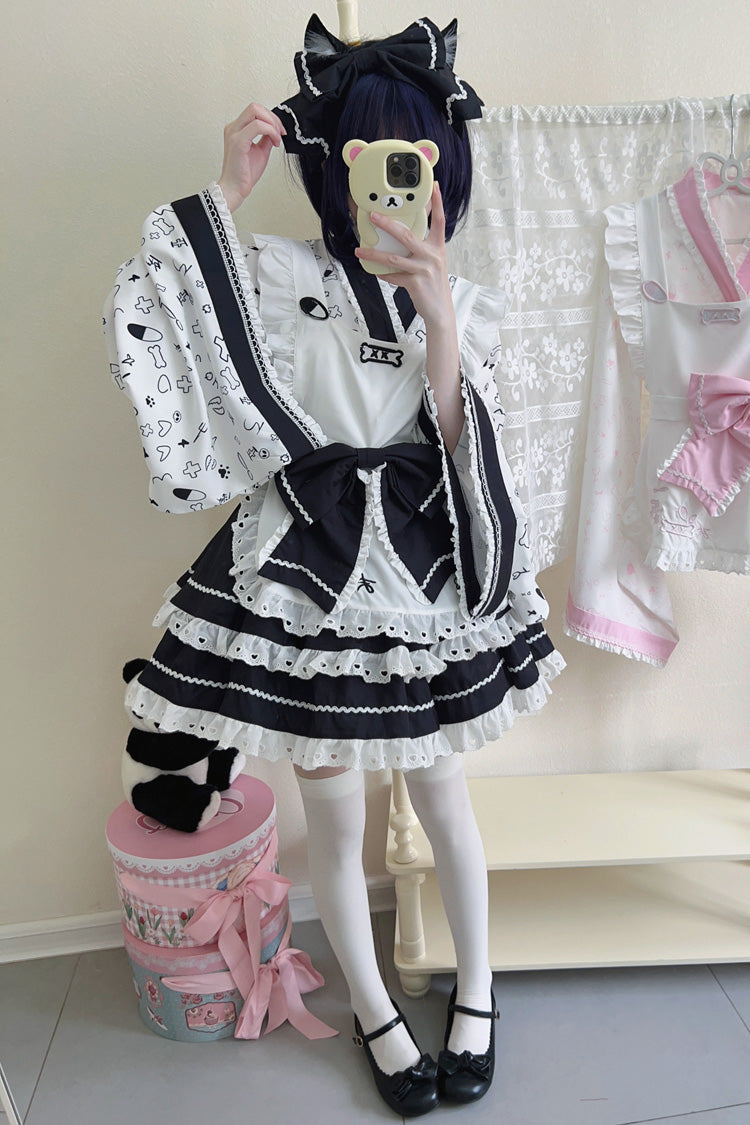 Black/White Double-Layered Ruffle Bowknot Maid Sweet Lolita Skirt Set - Product - 2