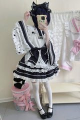 Black/White Double-Layered Ruffle Bowknot Maid Sweet Lolita Skirt Set - Product - 2