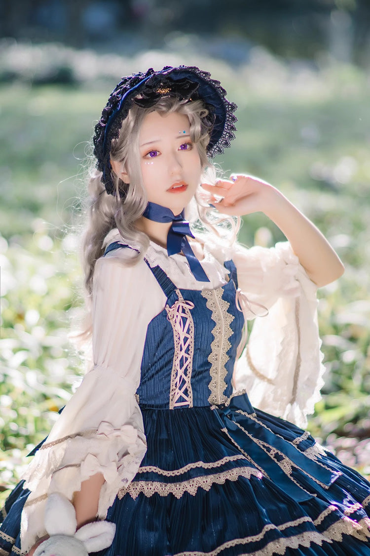 Dark Blue Three-section Cake Sleeveless Ribbon Sweet Lolita Tiered Dress - Product - 3