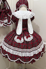 Red [Gingham Petal Bunny] Short Sleeves Printed Ruffled Bow Sweet Lolita OP Dress - Product - 19