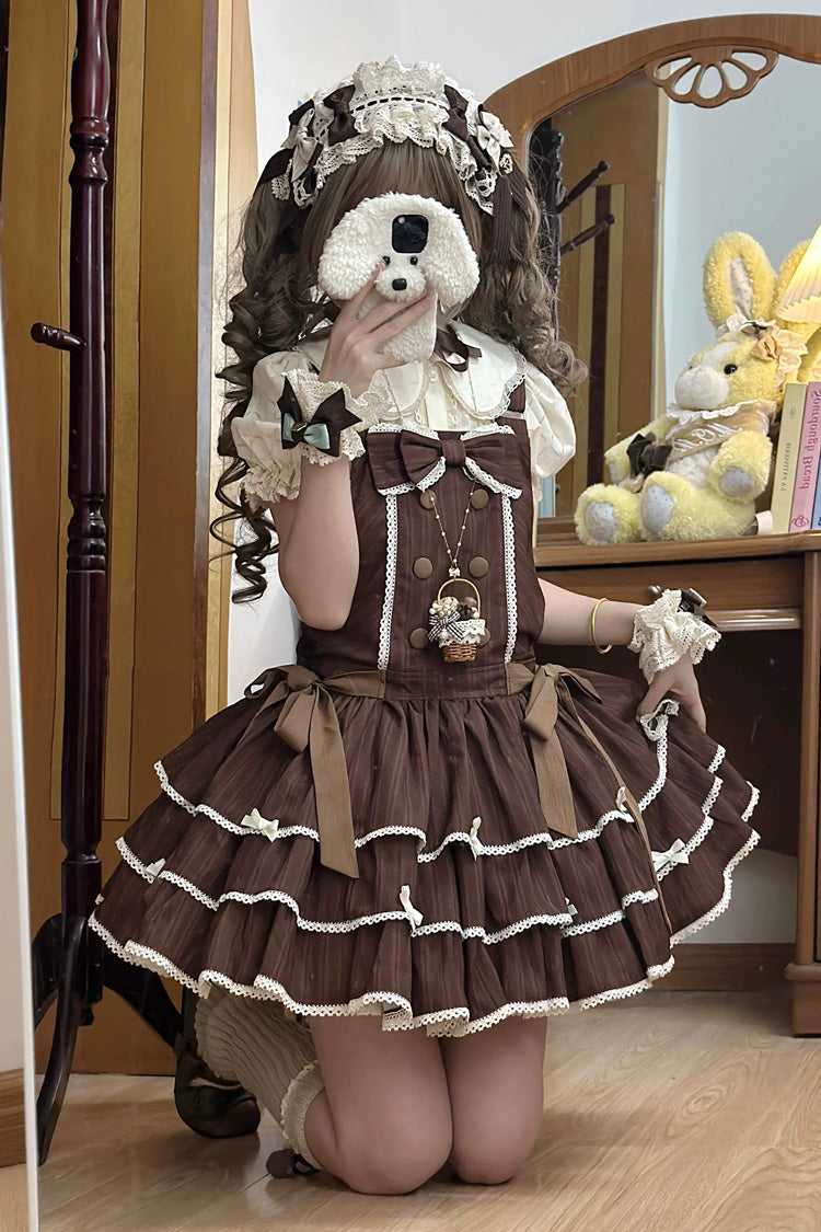Brown Sleeveless Triple-Layered Printed Ruffled Bow Sweet Lolita Strap Dress - Product - 5