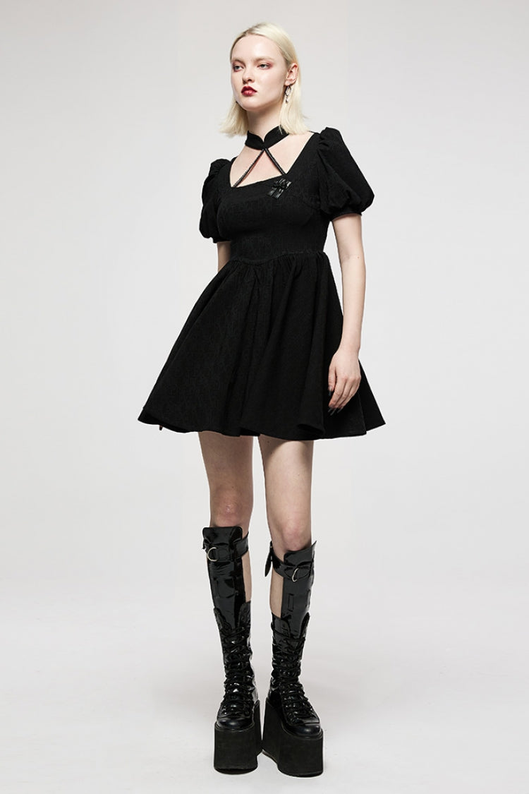Black Halterneck Puff Sleeves Jacquard Women's Punk Dress - Product - 4