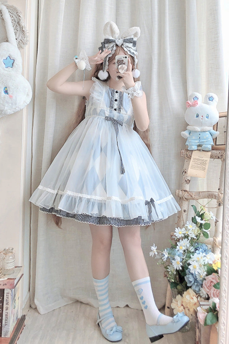 White/Blue Sleeveless Diamond Plaid Print Bowknot Alice Sweet Lolita JSK Dress - White/Blue - 1