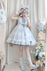 White/Blue Sleeveless Diamond Plaid Print Bowknot Alice Sweet Lolita JSK Dress - White/Blue - 1