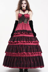 Red Multi-Layered Ruffle Lace-Up Mesh Women's Gothic Dress - Red - 1