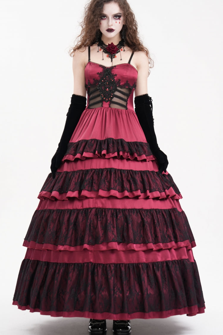 Red Multi-Layered Ruffle Lace-Up Mesh Women's Gothic Dress - Red - 1