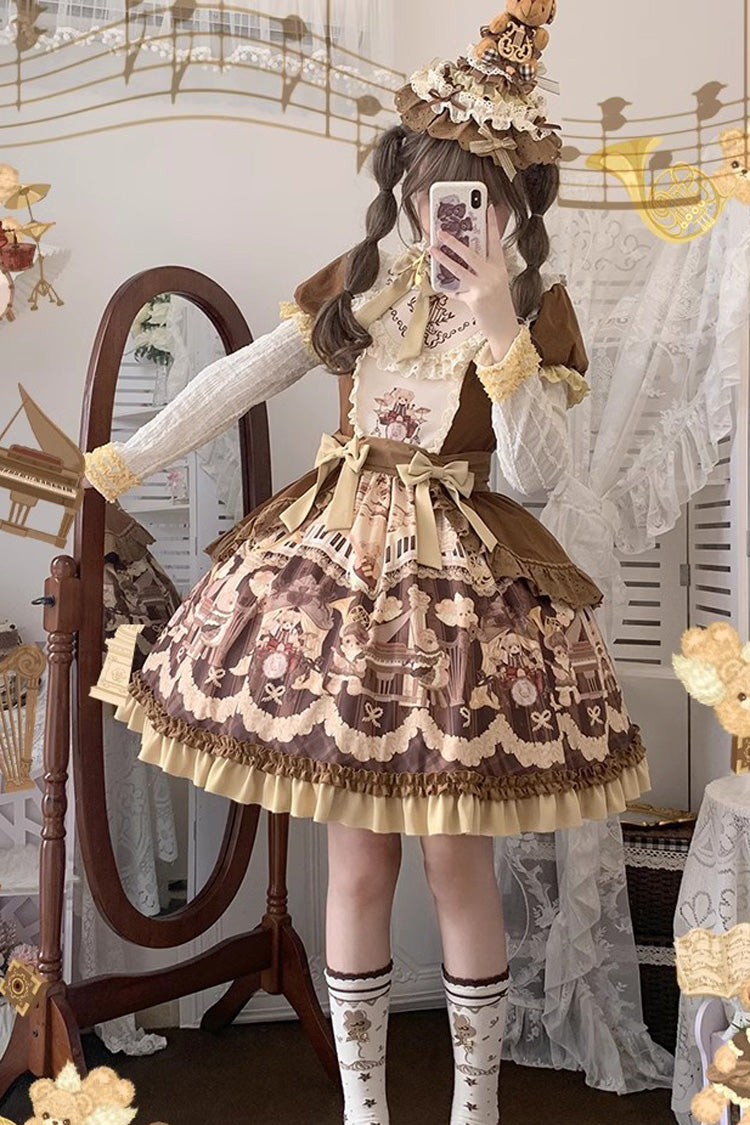 Brown [Little Bear Concerto] Print Ruffle Bowknot Sweet Princess Lolita Dress - Product - 3