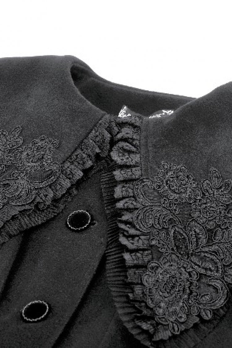 Black Floral Embroidered Peter Pan Collar Long Sleeves Bowknot Women's Gothic Coat - Product - 13