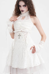 White Bow Lace Lace-Up Mesh Eyelet Women's Gothic Gorgeous Palace Arm Sleeves - Product - 9